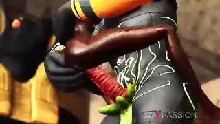 مصر القديمة يلعب أنوبيس مع فتاة سوداء ساخنة في المعبد